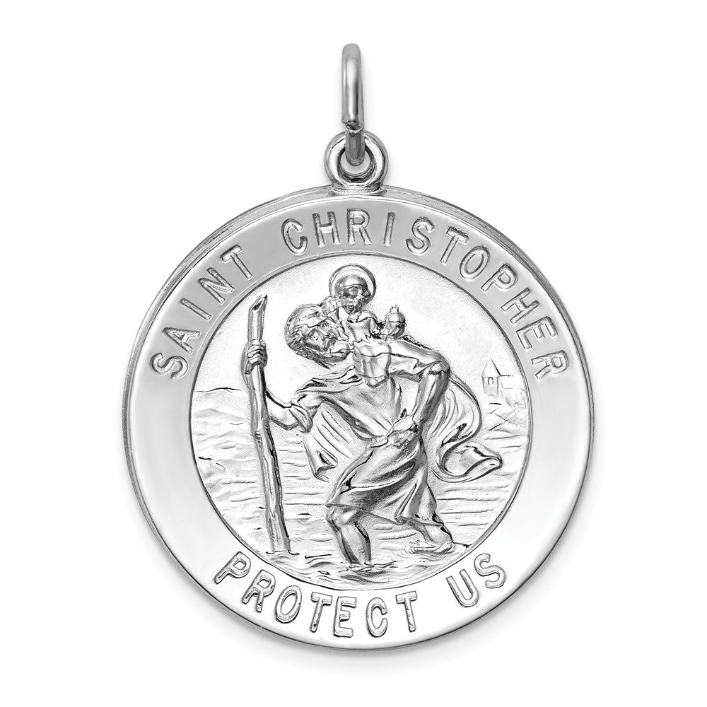 Sterling Silver Rhodium-Plated Round Saint Christopher Medal, 25mm, Item P27696-25 by The Black Bow Jewelry Co.