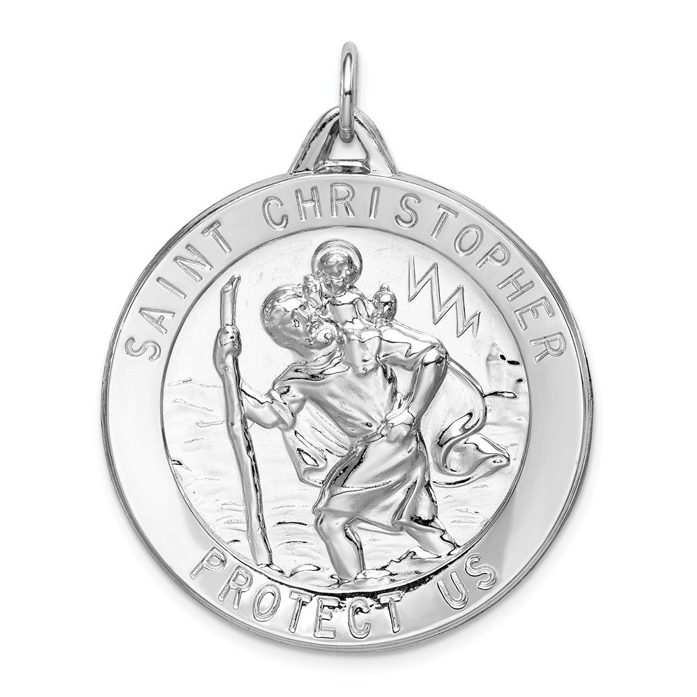 Sterling Silver Rhodium-Plated Round Saint Christopher Medal, 32mm, Item P27696-32 by The Black Bow Jewelry Co.