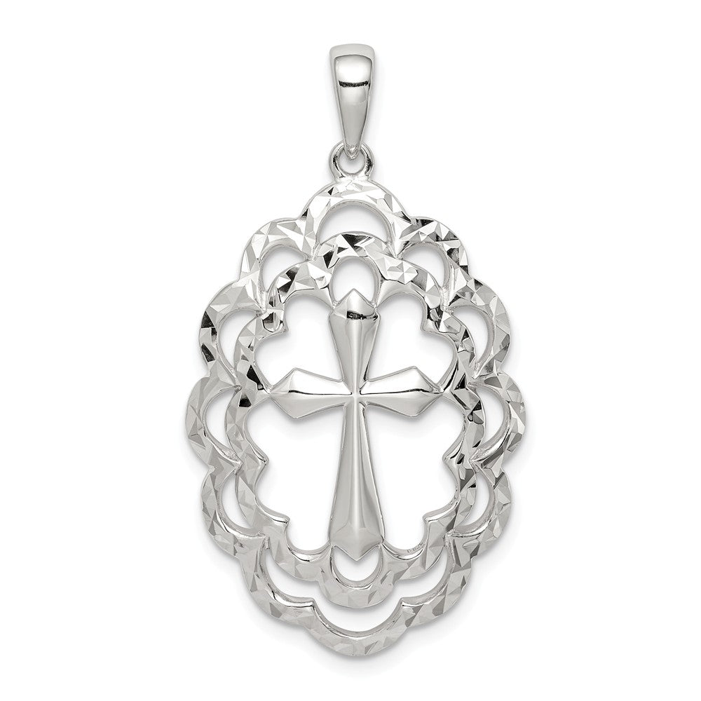 Sterling Silver Diamond-Cut Oval Bordered Cross Pendant, 21 x 38mm, Item P27742 by The Black Bow Jewelry Co.