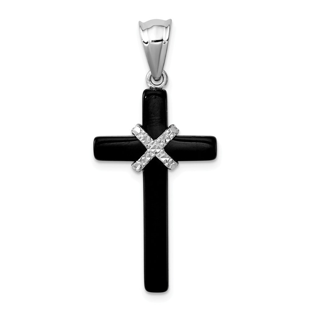 Rhodium-Plated Sterling Silver &amp; Black Onyx Cross Pendant, 16 x 37mm, Item P27743 by The Black Bow Jewelry Co.