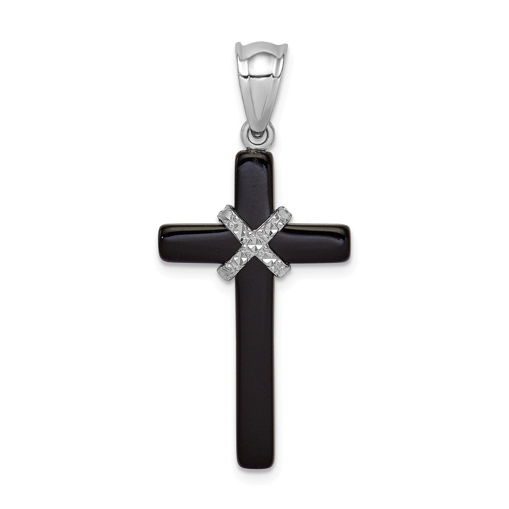 Alternate view of the Rhodium-Plated Sterling Silver &amp; Black Onyx Cross Pendant, 16 x 37mm by The Black Bow Jewelry Co.