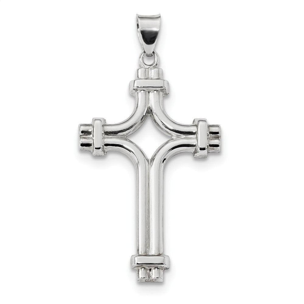 Rhodium-Plated Sterling Silver Solid Flanched Cross Pendant, 24 x 46mm, Item P27744 by The Black Bow Jewelry Co.