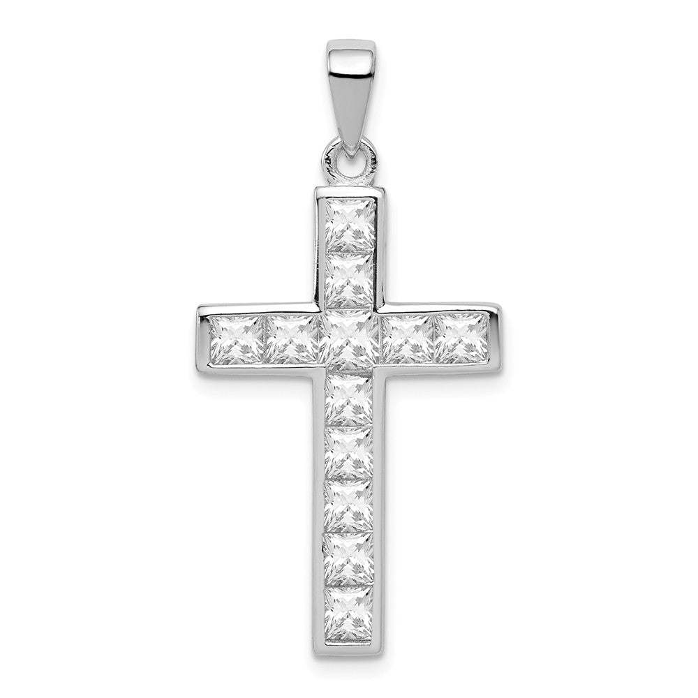 Rhodium-Plated Sterling Silver Princess Cut CZ Cross Pendant, 17x36mm, Item P27745 by The Black Bow Jewelry Co.