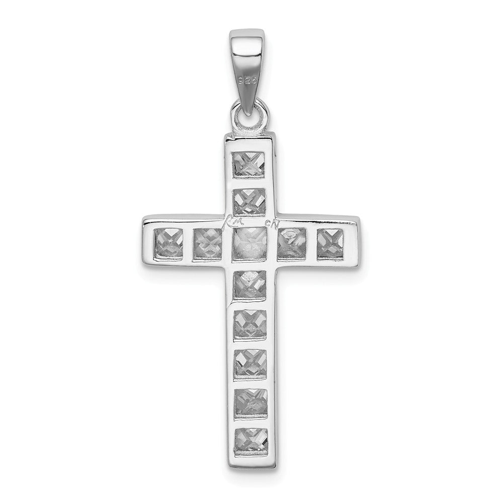 Alternate view of the Rhodium-Plated Sterling Silver Princess Cut CZ Cross Pendant, 17x36mm by The Black Bow Jewelry Co.