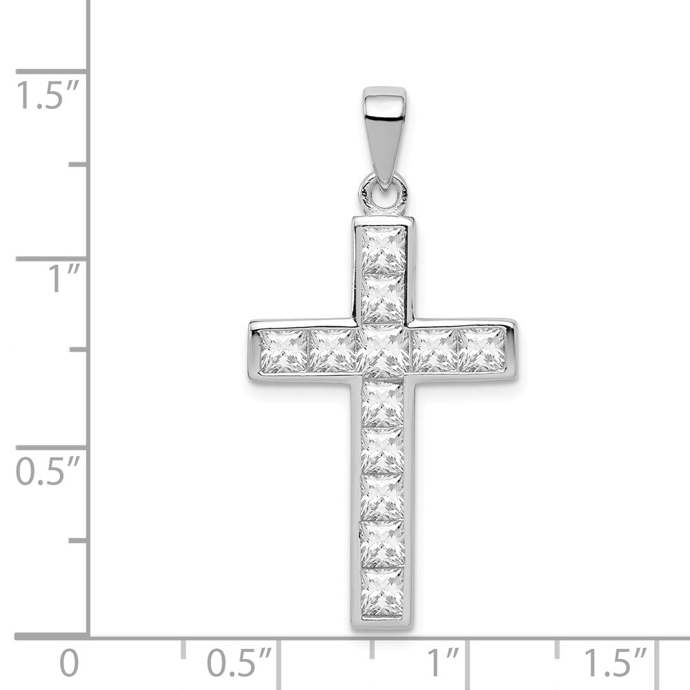 Alternate view of the Rhodium-Plated Sterling Silver Princess Cut CZ Cross Pendant, 17x36mm by The Black Bow Jewelry Co.