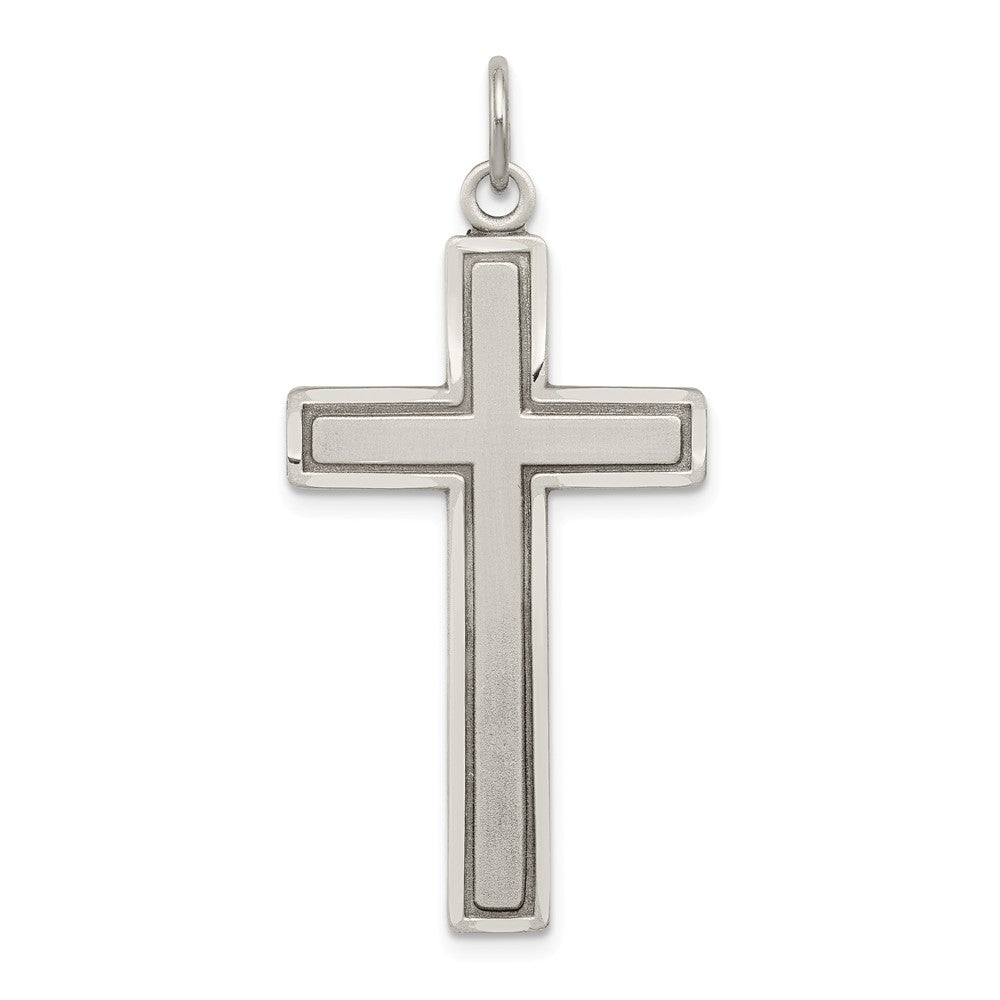 Sterling Silver Antiqued &amp; Satin Solid Bordered Cross Pendant, 19x42mm, Item P27751 by The Black Bow Jewelry Co.