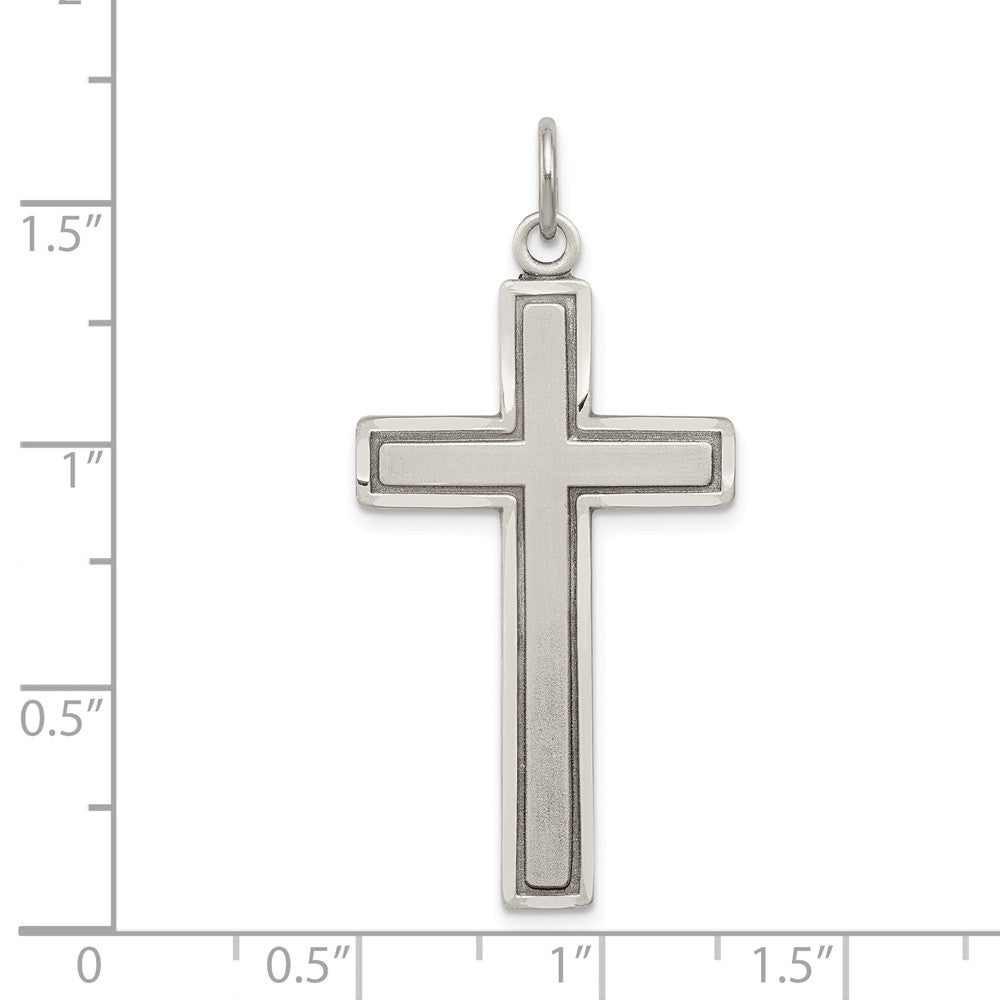 Alternate view of the Sterling Silver Antiqued &amp; Satin Solid Bordered Cross Pendant, 19x42mm by The Black Bow Jewelry Co.