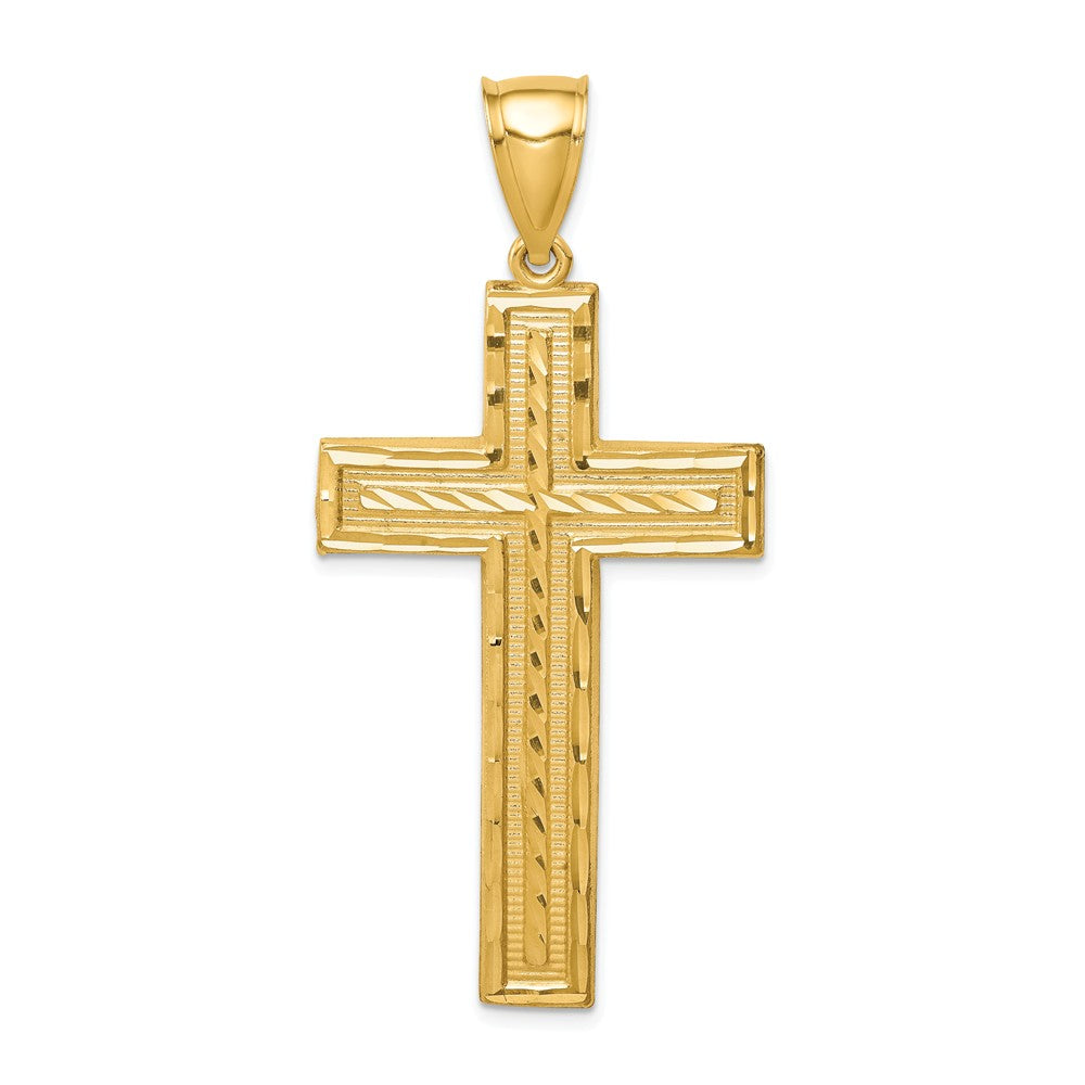 Men&#39;s 14k Yellow Gold Diamond-Cut Bordered Cross Pendant, 26 x 55mm, Item P27836 by The Black Bow Jewelry Co.