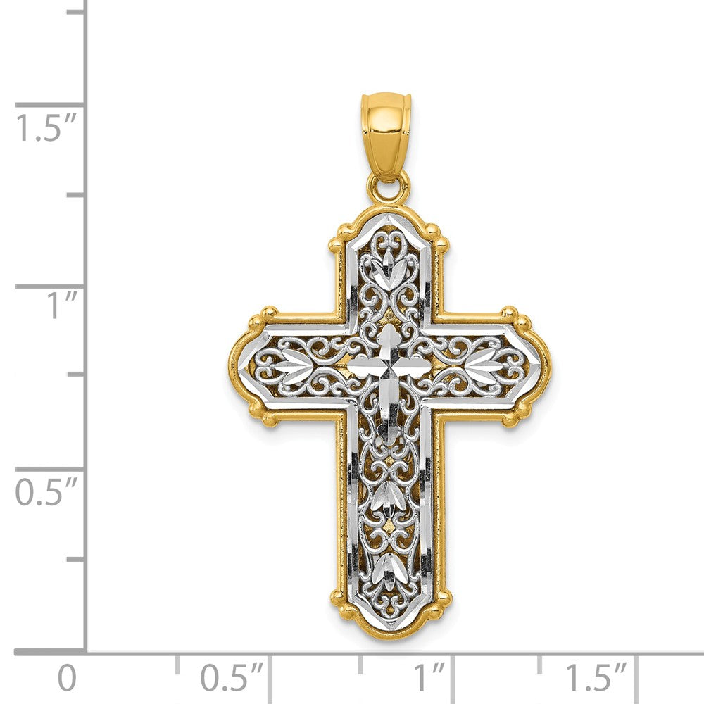 14k Yellow Gold & Rhodium Reversible Filigree Cross Pendant, 22 x