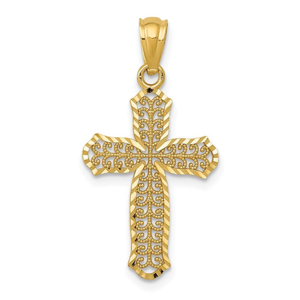 14k Yellow Gold Diamond-Cut Filigree Cross Pendant, 14 x 27mm, Item P27854 by The Black Bow Jewelry Co.