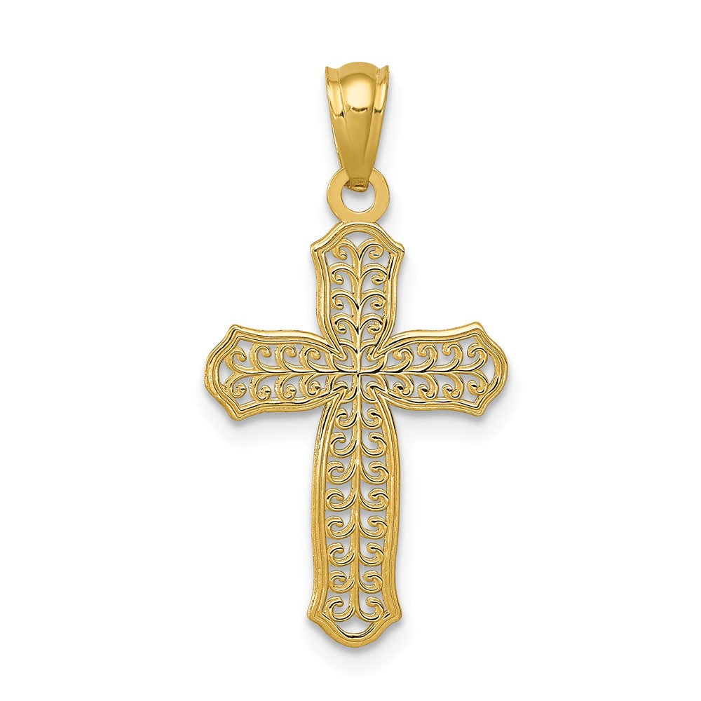 14k Yellow Gold Diamond-Cut Filigree Cross Pendant, 14 x 27mm