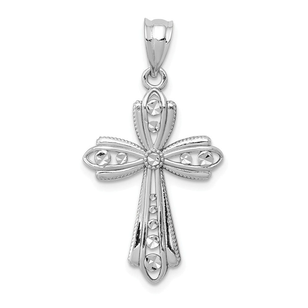 14k White Gold Diamond-Cut Fancy 2D Cross Pendant, 17 x 32mm - The