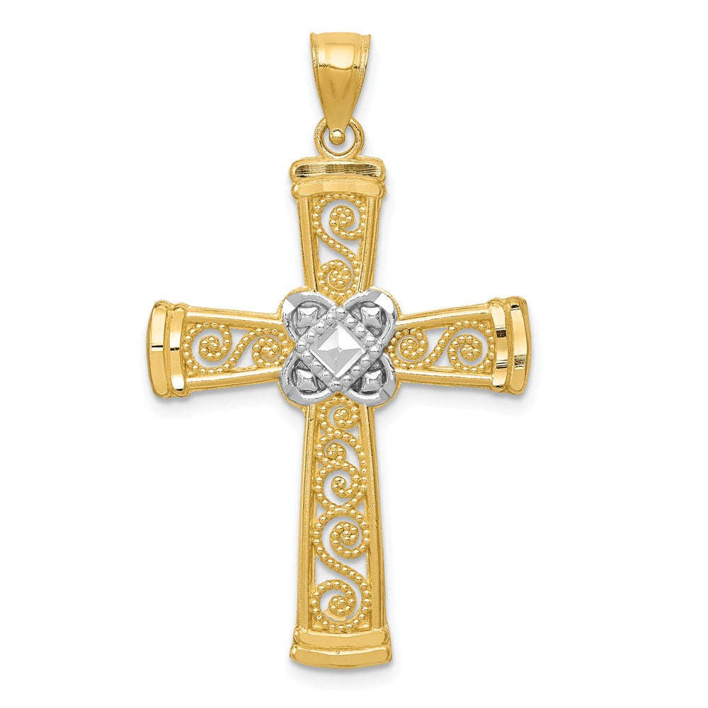 14k Yellow Gold & Rhodium Diamond-cut Filigree Cross Pendant, 23x39mm
