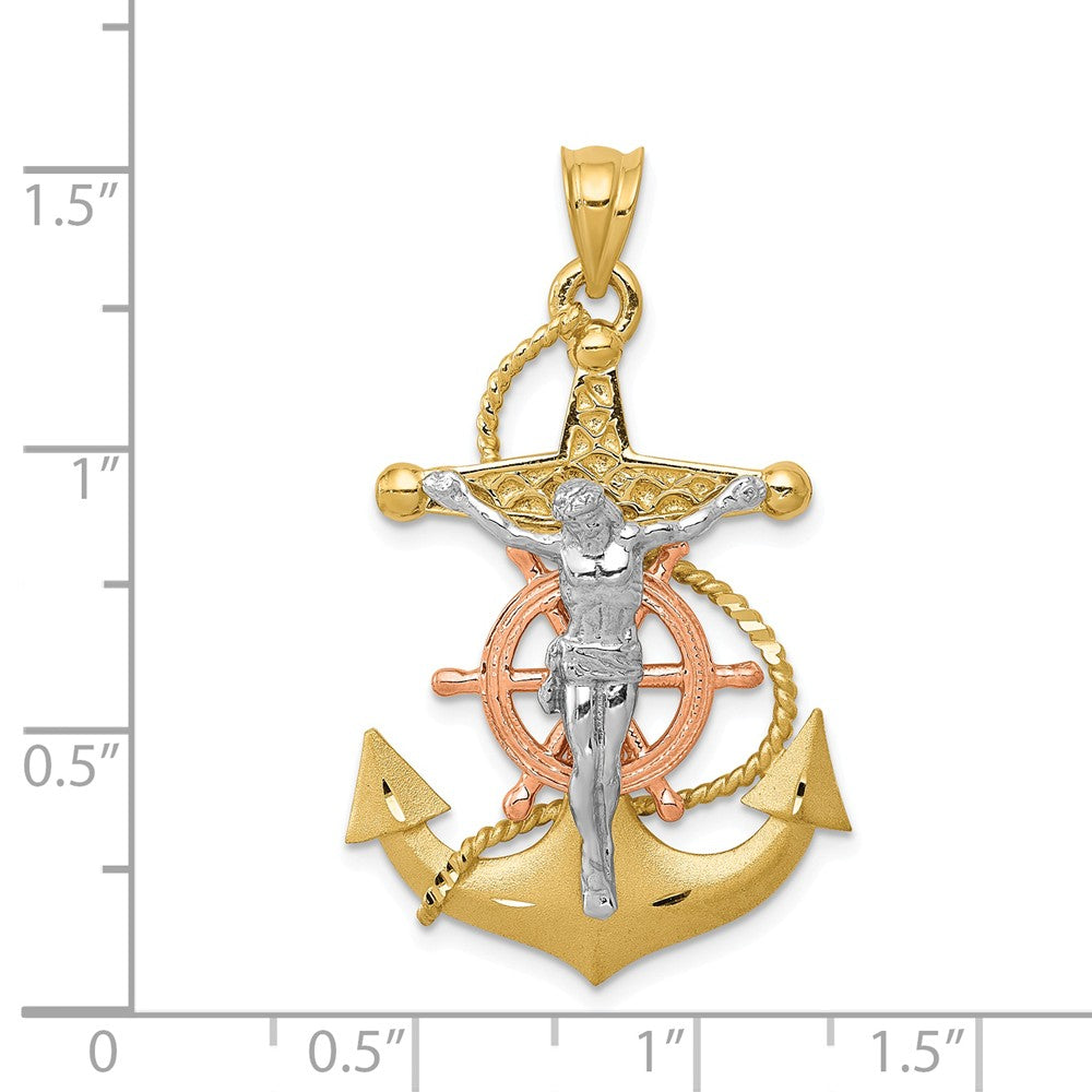 Alternate view of the 14k Tri-Color Gold Mariner&#39;s Crucifix Cross Pendant, 22 x 38mm by The Black Bow Jewelry Co.
