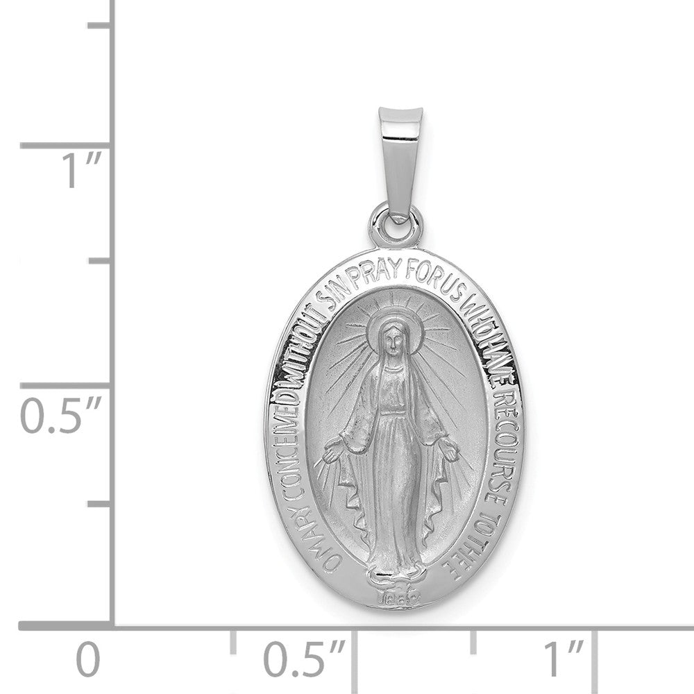 14k White Gold Solid Oval Miraculous Medal Pendant, 15 x 28mm
