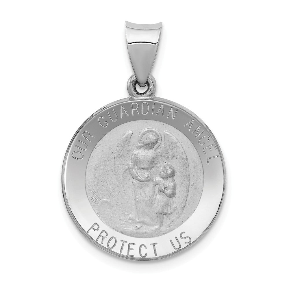 14k White Gold Hollow Guardian Angel Medal Pendant, 19mm (3/4 Inch), Item P27904 by The Black Bow Jewelry Co.