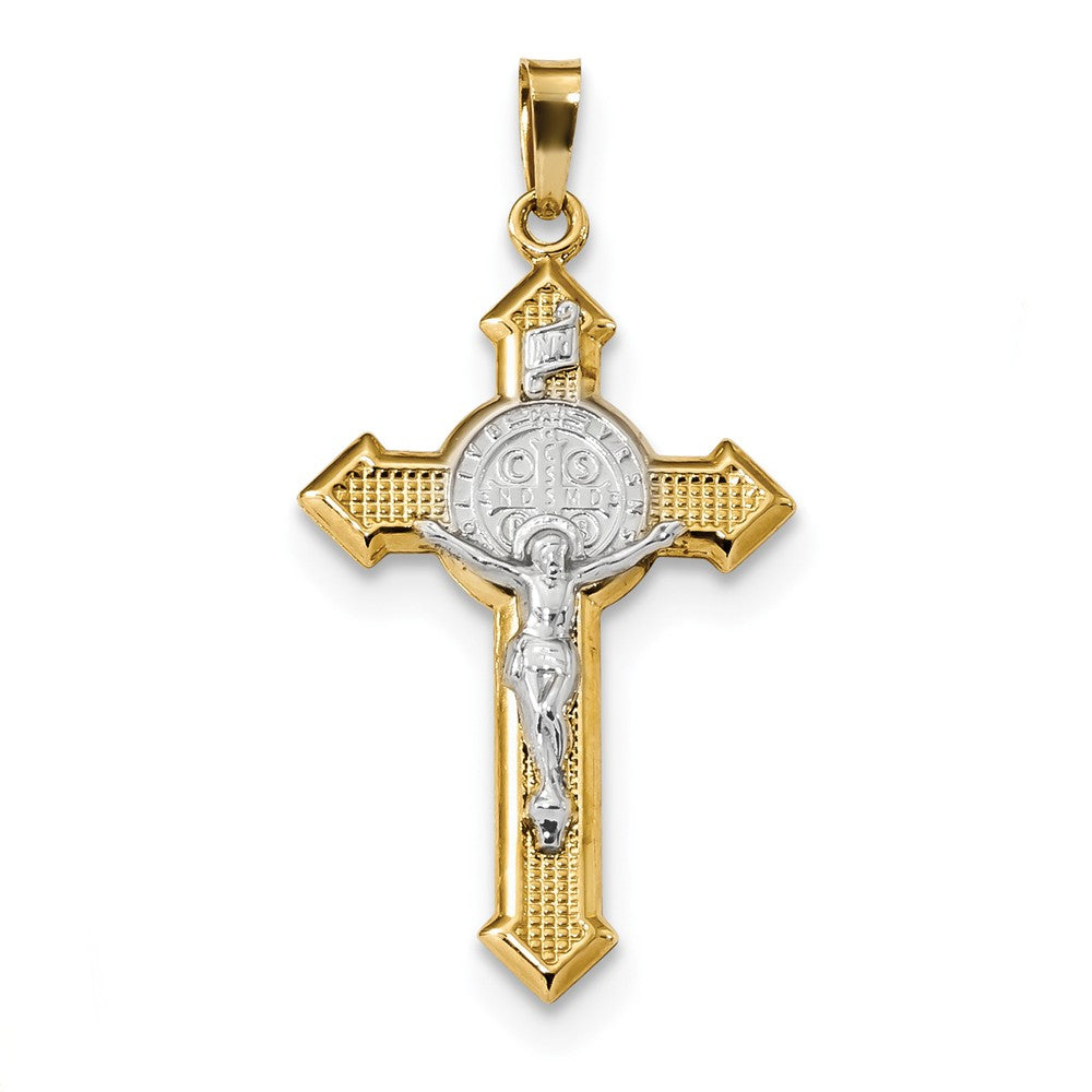 14k Yellow Gold &amp; Rhodium St. Benedict Medal Crucifix Pendant, 19x32mm, Item P27921 by The Black Bow Jewelry Co.