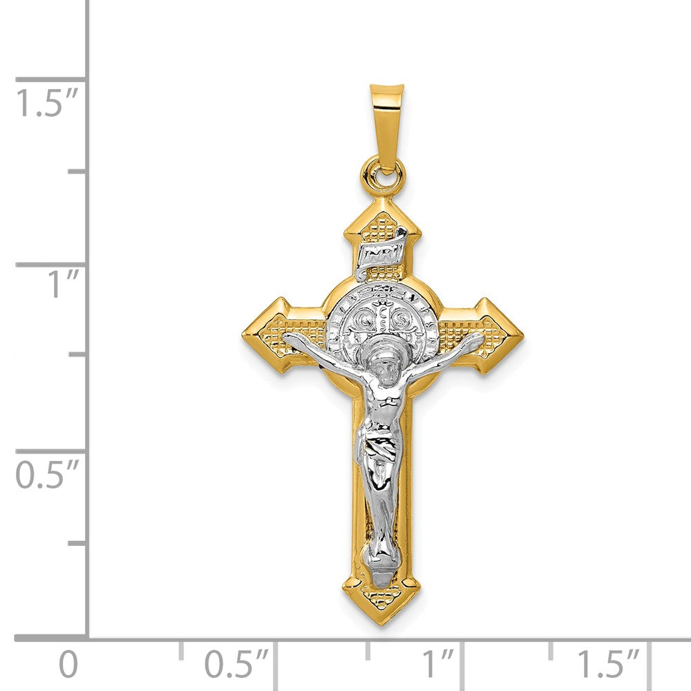 Alternate view of the 14k Yellow Gold &amp; Rhodium St. Benedict Medal Crucifix Pendant, 19x32mm by The Black Bow Jewelry Co.