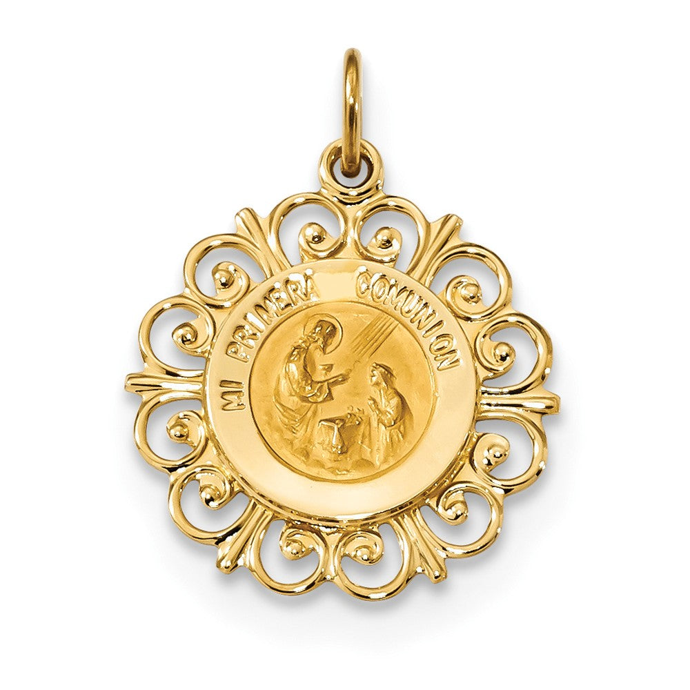 14k Yellow Gold Filigree Mi Primera Comunion Medal Pendant, 18mm, Item P27937 by The Black Bow Jewelry Co.