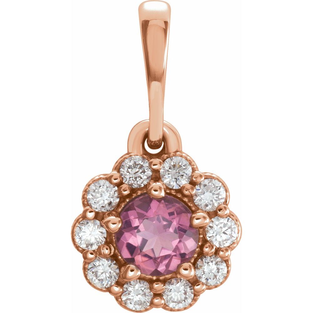 14k Rose Gold Pink Tourmaline 1/8 Ctw Diamond Small Halo Pendant, 8mm, Item P28019 by The Black Bow Jewelry Co.