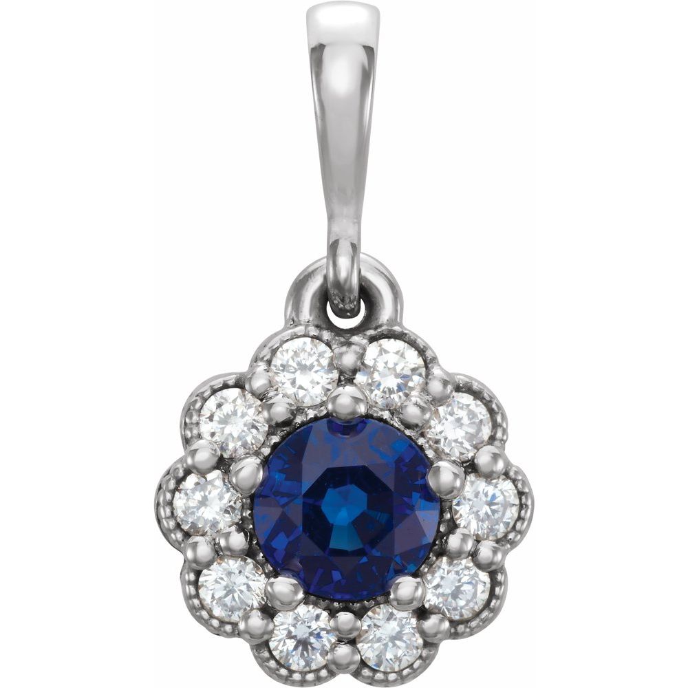 14k White Gold Blue Sapphire 1/8 Ctw Diamond Small Halo Pendant, 8mm, Item P28020 by The Black Bow Jewelry Co.