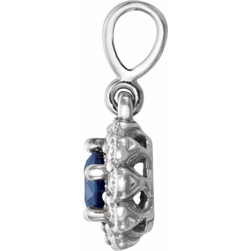 Alternate view of the 14k White Gold Blue Sapphire 1/8 Ctw Diamond Small Halo Pendant, 8mm by The Black Bow Jewelry Co.