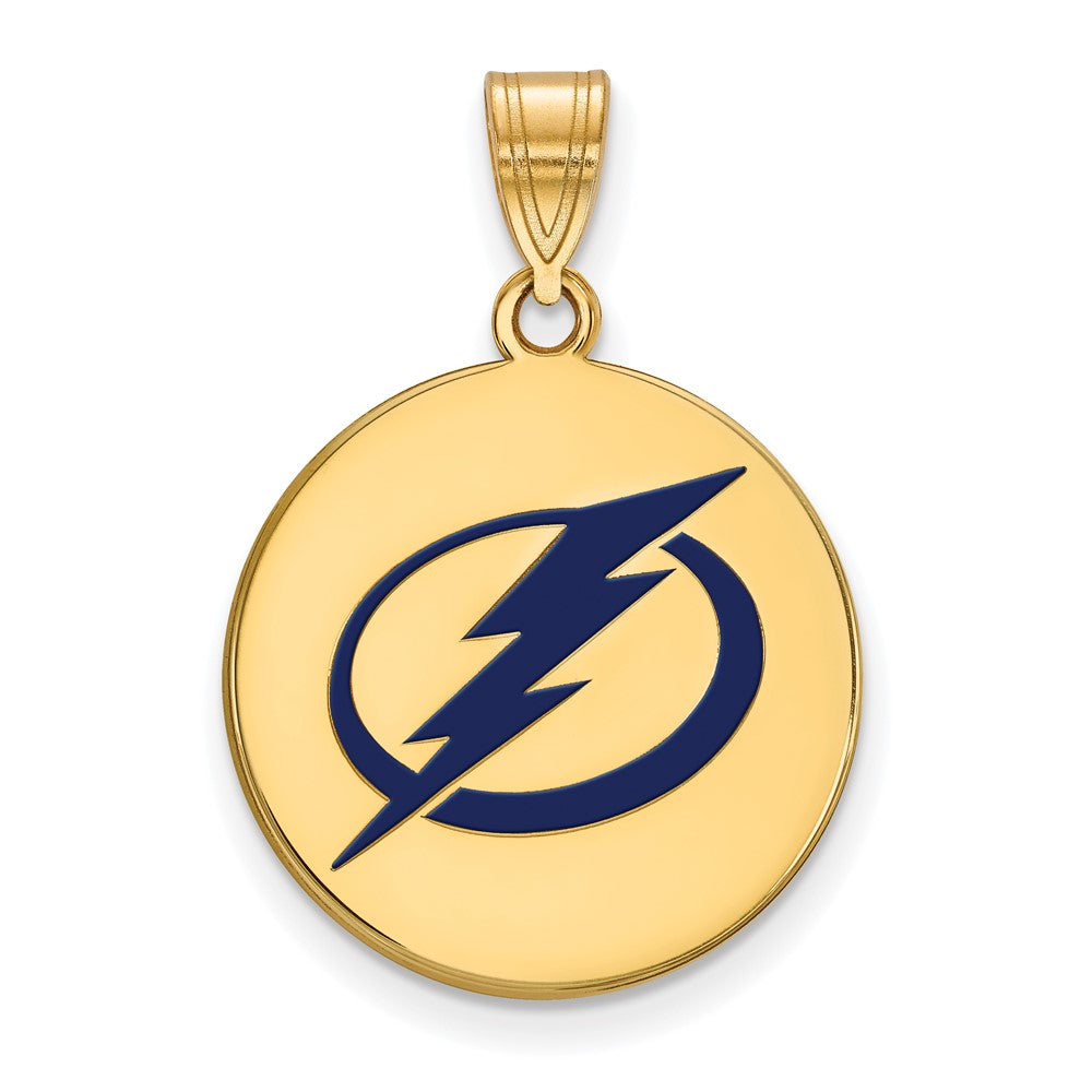 SS 14k Yellow Gold Plated NHL Tampa Lightning LG Enamel Disc Pendant, Item P30184 by The Black Bow Jewelry Co.