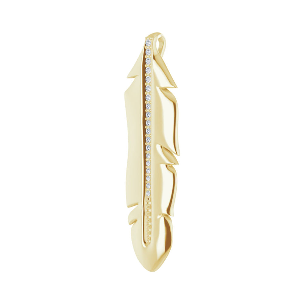 Alternate view of the 14K Yellow Gold .06 CTW Diamond Feather Pendant, 10 x 32mm by The Black Bow Jewelry Co.