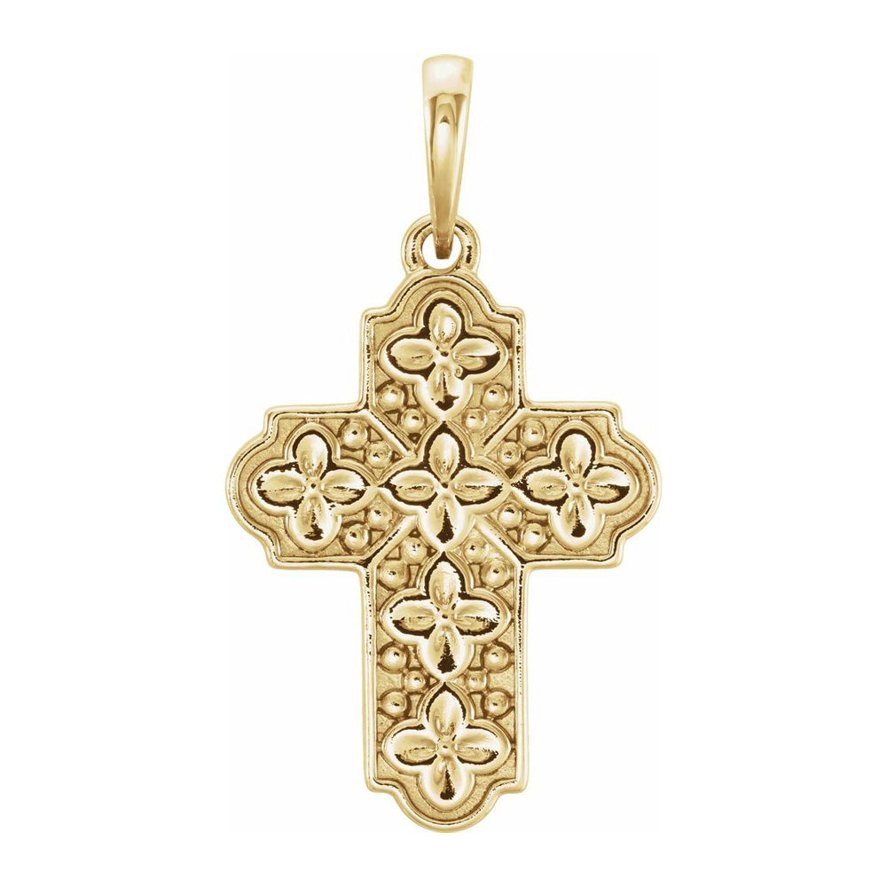 Alternate view of the 14K Yellow, White or Rose Gold Ornate Floral Cross Pendant, 14 x 24mm by The Black Bow Jewelry Co.