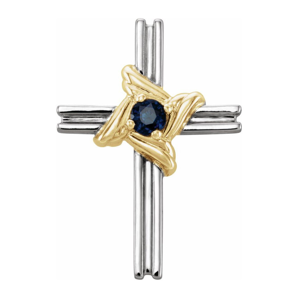 14K Two Tone, White or Yellow Gold Blue Sapphire Cross Pendant 13x18mm