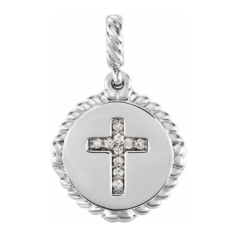 14K Yellow or White Gold .04 CTW Diamond Cross Rope Disc Pendant, 13mm, Item P30635 by The Black Bow Jewelry Co.