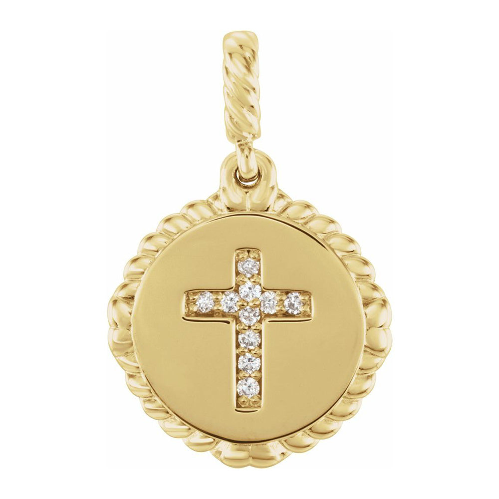 Alternate view of the 14K Yellow or White Gold .04 CTW Diamond Cross Rope Disc Pendant, 13mm by The Black Bow Jewelry Co.