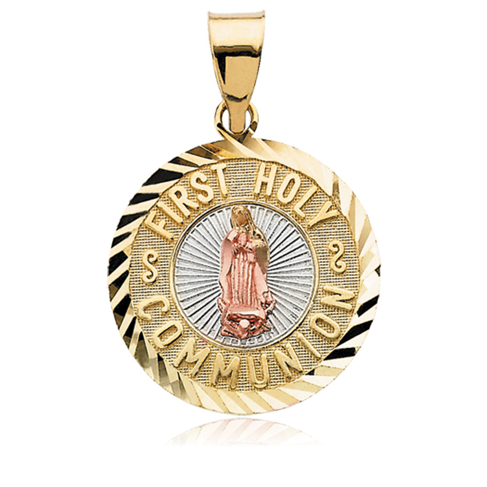 14K Yellow &amp; Rose Gold with Rhodium, First Holy Communion Medal, 18mm, Item P8260 by The Black Bow Jewelry Co.
