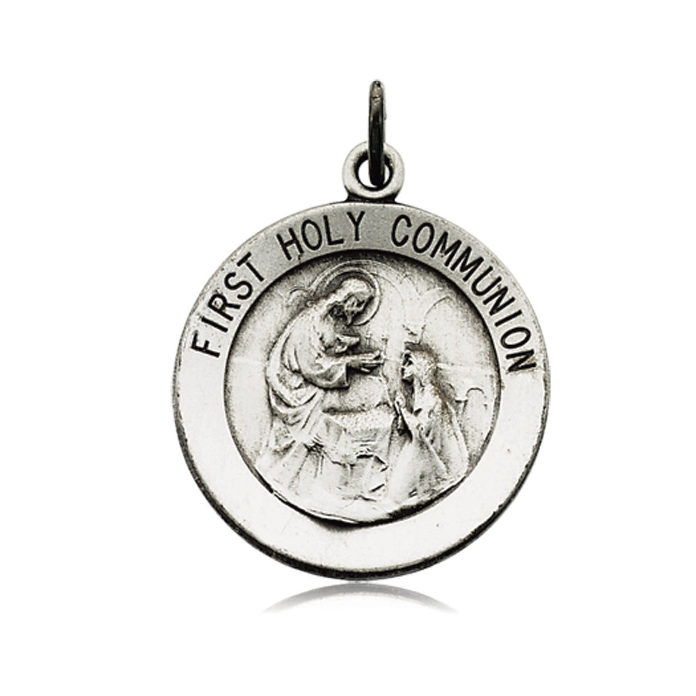 14k White Gold First Holy Communion Medallion, 18mm, Item P8275 by The Black Bow Jewelry Co.