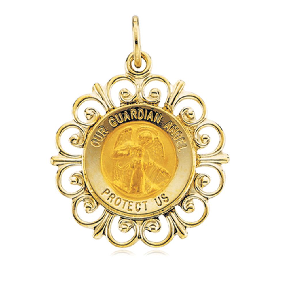 14k Yellow Gold Guardian Angel Medal Pendant, 19mm (3/4 Inch), Item P8304 by The Black Bow Jewelry Co.