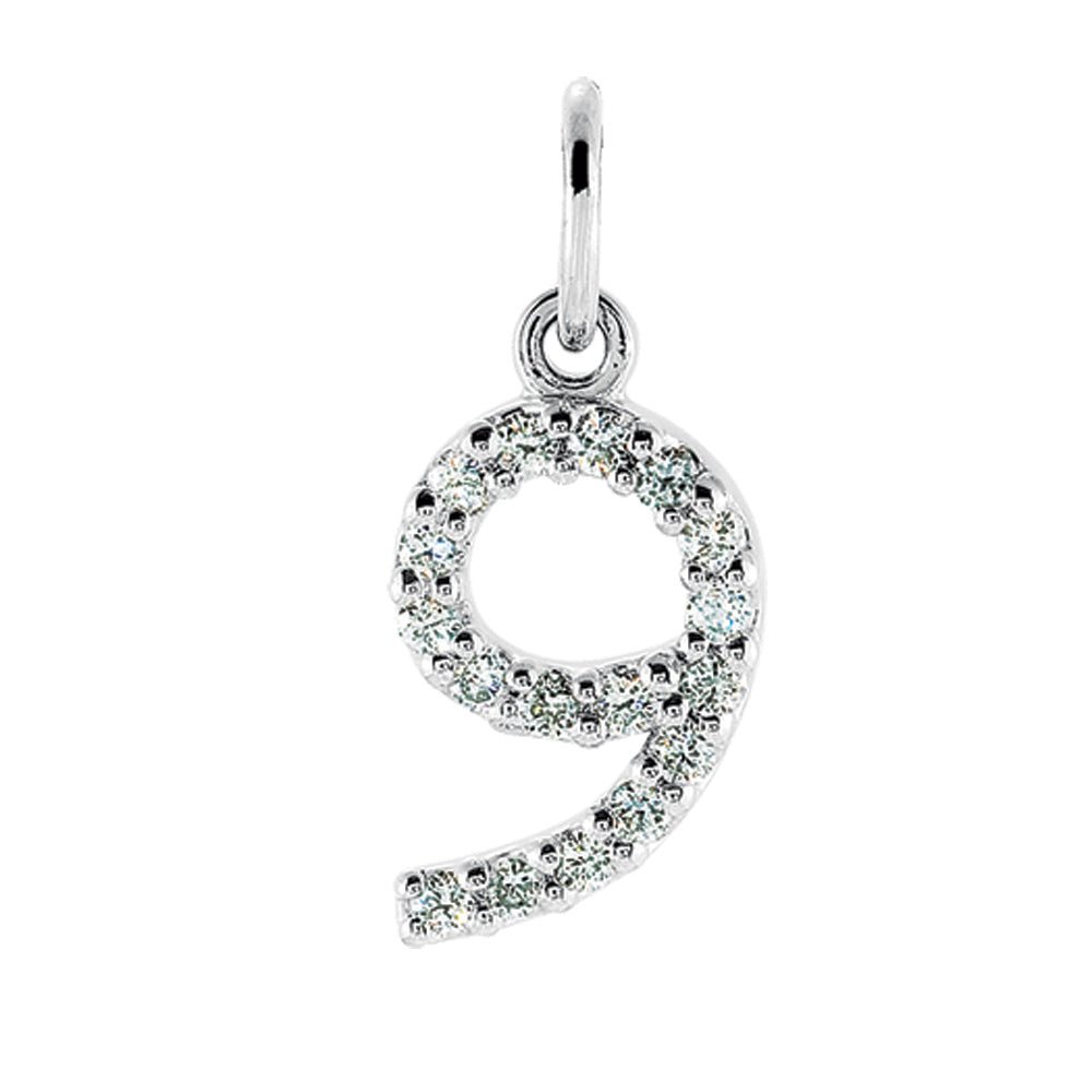 .08 Cttw Diamond & 14k White Gold Mini Number 9 Charm or Pendant, Item P8834 by The Black Bow Jewelry Co.