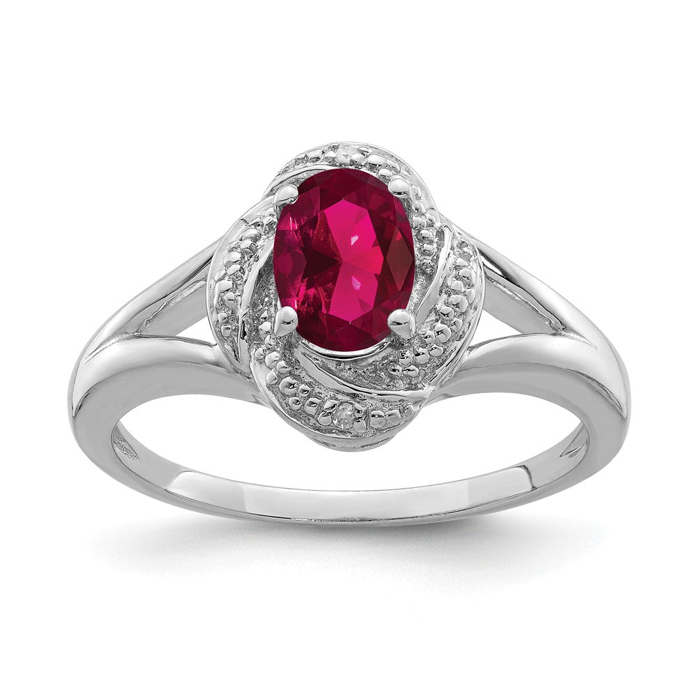 Sterling Silver .01 Ctw (H-I, I2-I3) Diamond &amp; Oval Created Ruby Ring, Item R10016 by The Black Bow Jewelry Co.