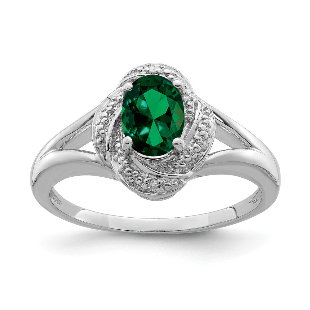 Sterling Silver .01 Ctw Diamond &amp; Oval Created Emerald Ring, Item R10019 by The Black Bow Jewelry Co.