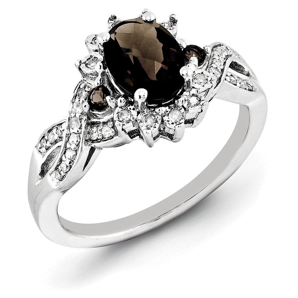 Oval Smoky Quartz &amp; .15 Ctw Diamond Halo Sterling Silver Ring, Item R10134 by The Black Bow Jewelry Co.