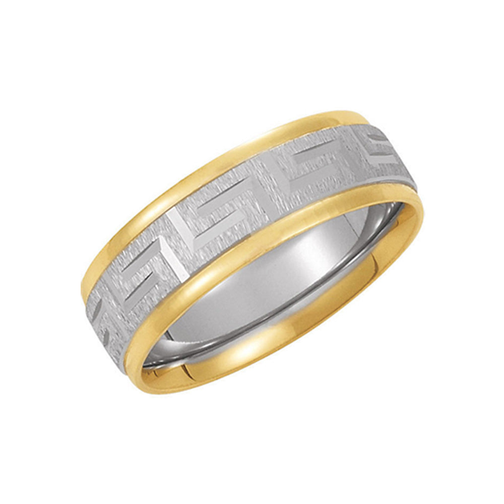 7mm Two Tone Comfort Fit Greek Key Band in 14k Gold, Item R10238 by The Black Bow Jewelry Co.