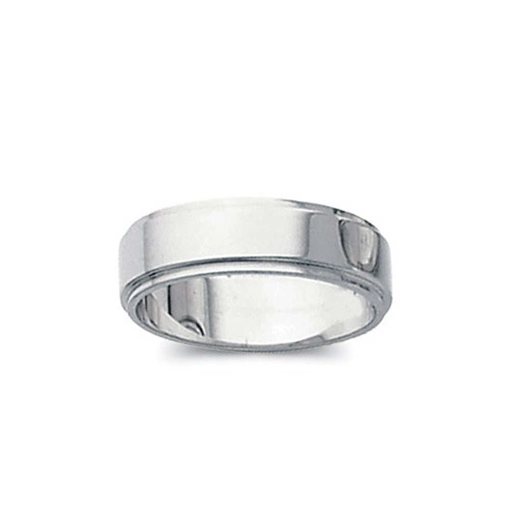 5mm Flat Ridged Edge Wedding Band in 14k White Gold, Item R10324 by The Black Bow Jewelry Co.