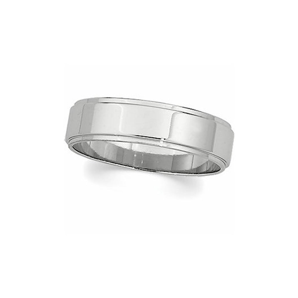 8mm Flat Ridged Edge Wedding Band in 14k White Gold, Item R10330 by The Black Bow Jewelry Co.