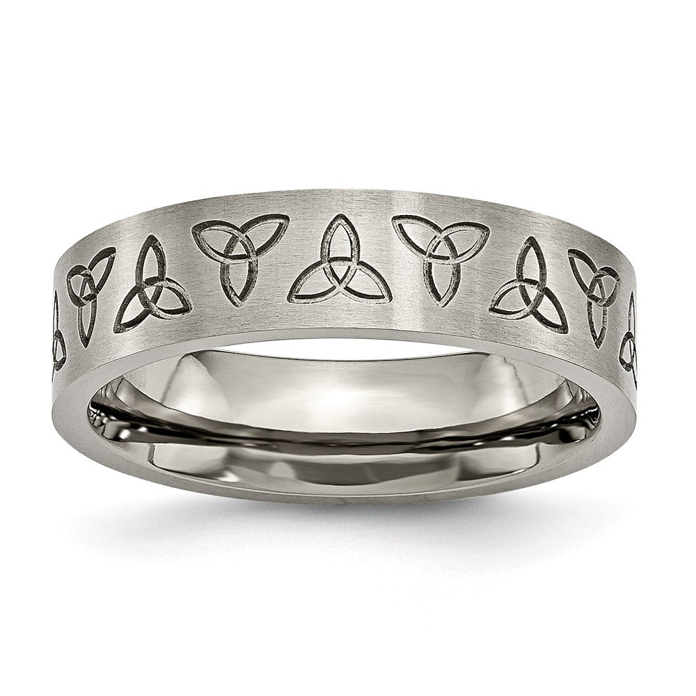 6mm Engraved Trinity Symbol Flat Band in Brushed Titanium, Item R10380 by The Black Bow Jewelry Co.