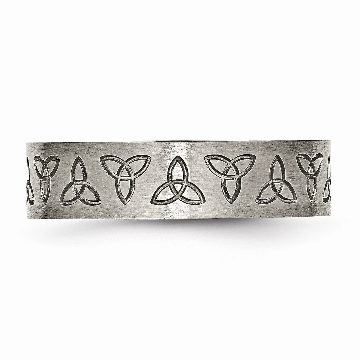 Alternate view of the 6mm Engraved Trinity Symbol Flat Band in Brushed Titanium by The Black Bow Jewelry Co.