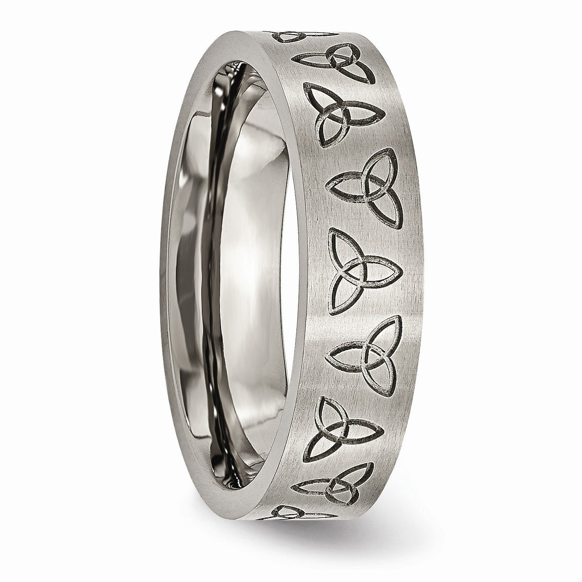 Alternate view of the 6mm Engraved Trinity Symbol Flat Band in Brushed Titanium by The Black Bow Jewelry Co.