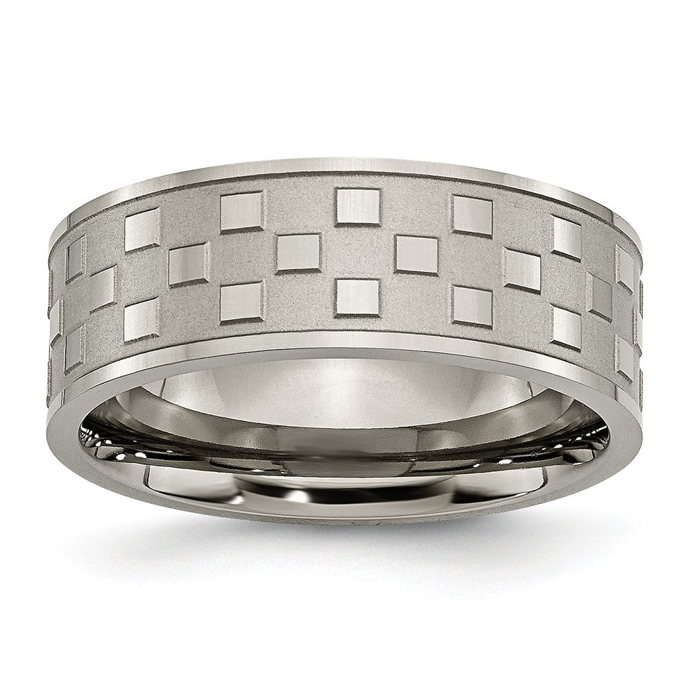 Titanium 8mm Satin and Polished Checkered Comfort Fit Band, Item R10381 by The Black Bow Jewelry Co.