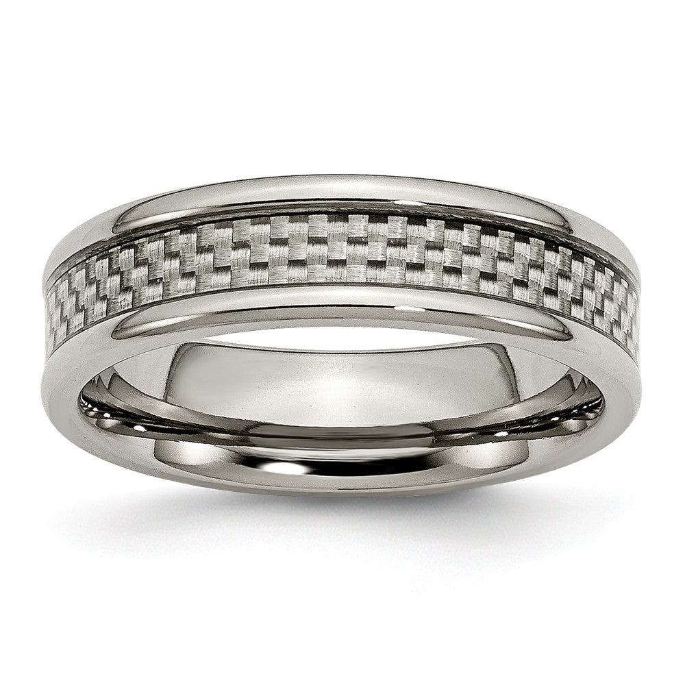 6mm Polished Titanium and Gray Carbon Fiber Comfort Fit Band, Item R10383 by The Black Bow Jewelry Co.