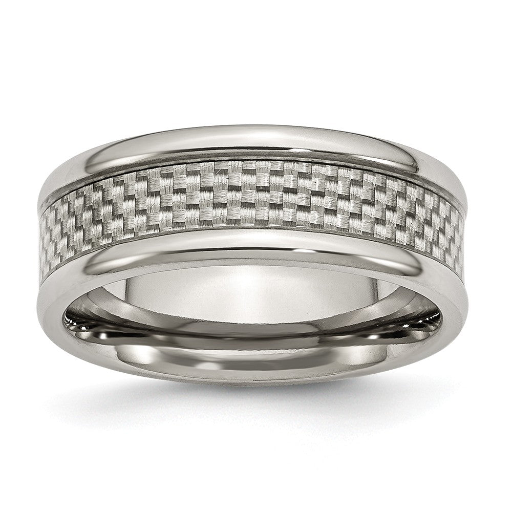 8mm Polished Titanium and Gray Carbon Fiber Comfort Fit Band, Item R10384 by The Black Bow Jewelry Co.