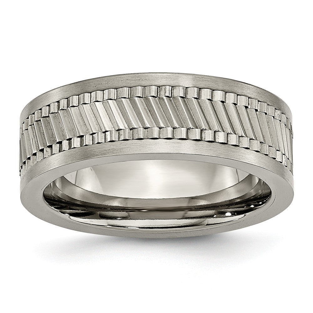 8mm Titanium Sawtooth Design Flat Band, Item R10389 by The Black Bow Jewelry Co.