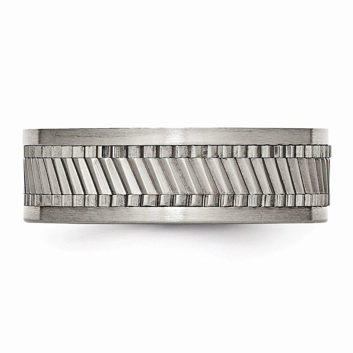 Alternate view of the 8mm Titanium Sawtooth Design Flat Band by The Black Bow Jewelry Co.